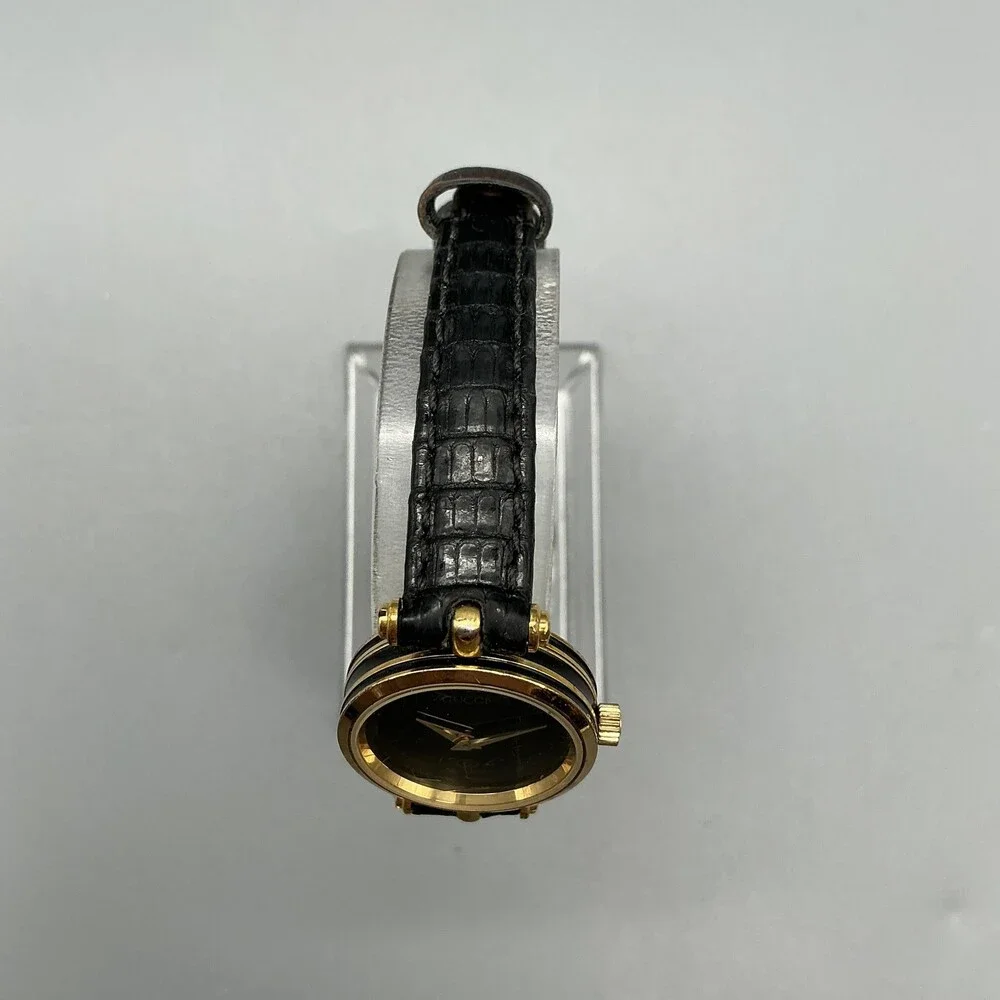Vintage Gucci Womens Watch 22mm Black Dial Gold Tone Leather Swiss New Battery